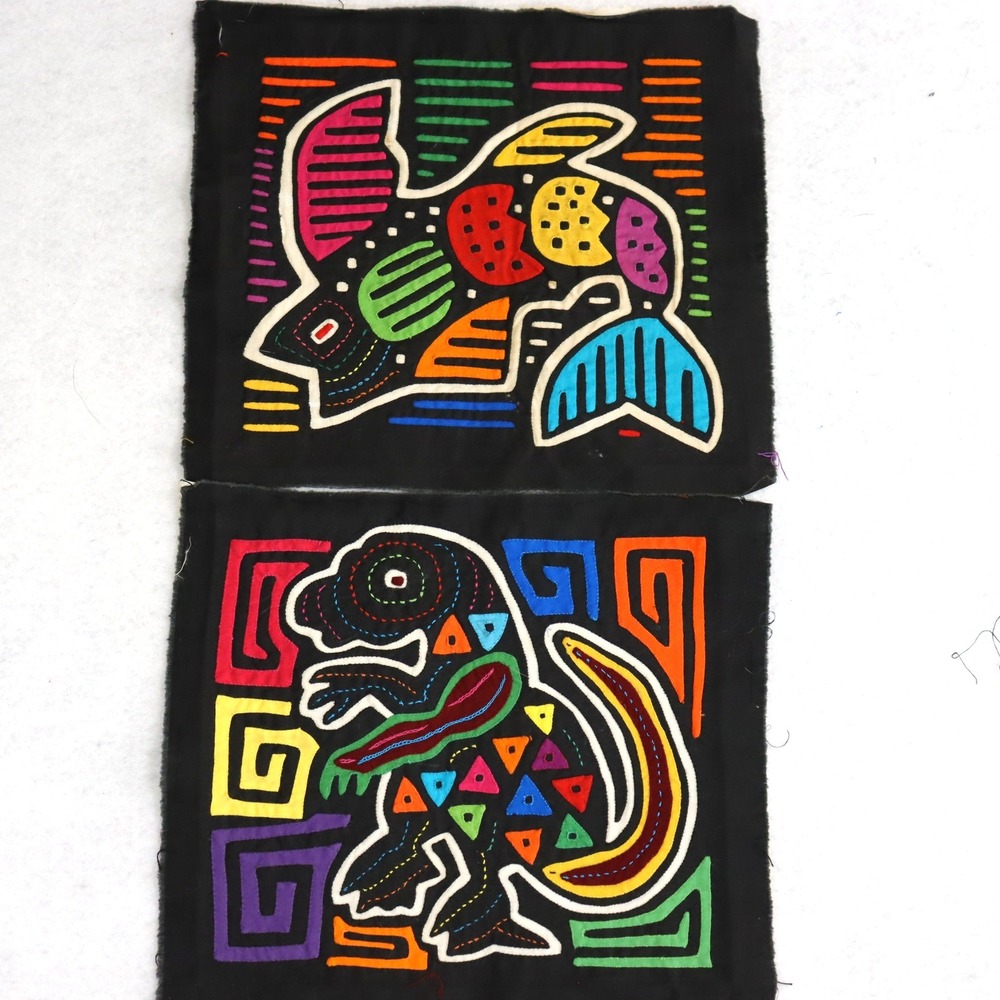 Vintage Panamanian Mola Folk Art Textile Panels Fish & Animal Designs Set of 2
